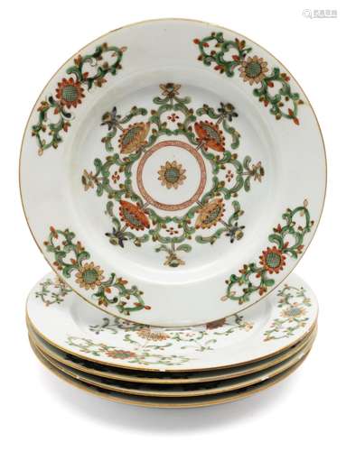 Five floral famille verte plates