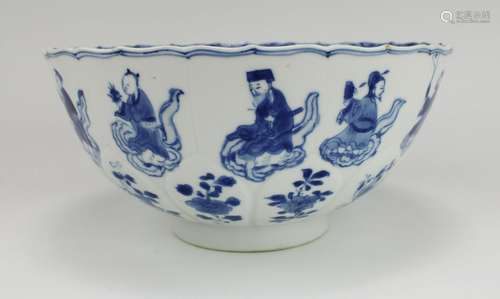 A blue and white lotus bowl with immortals