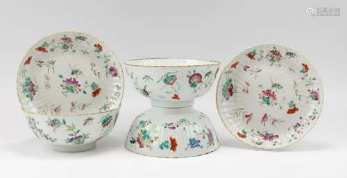 Three famille rose bowls and two plates, insects and floral ...