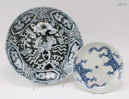 Two Swatow dishes including a small blue and white dragon di...