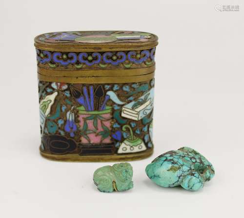 A Chinese cloisonne opium box and two stone carvings (turquo...