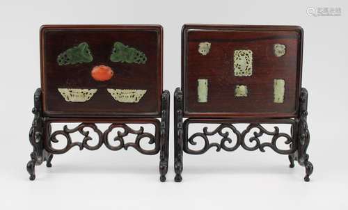 A pair of inlaid rosewood table screens