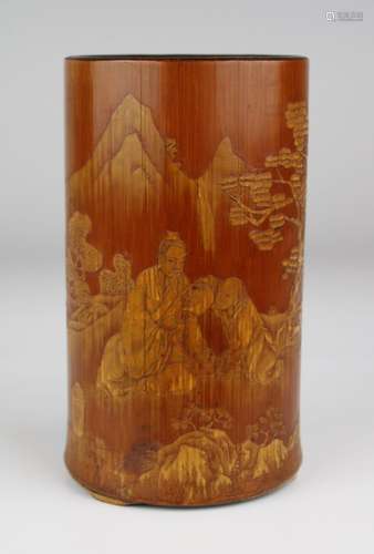 A Chinese bamboo brush pot with fine relief