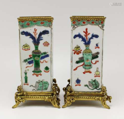 A pair of square famille verte vases with gilt-bronze mounts