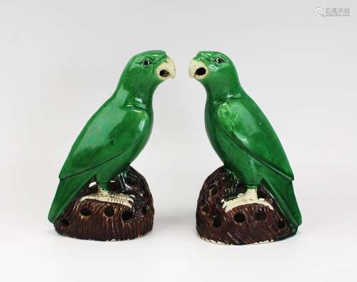 A pair of sancai biscuit-ware parrots on rocky bases