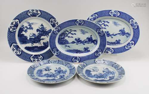 Five blue and white dishes with hunting scenes