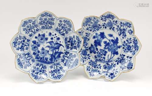 A pair of blue and white lotus dishes