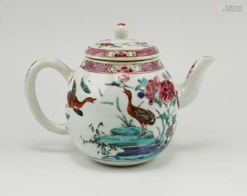 A famille rose teapot, birds and florals