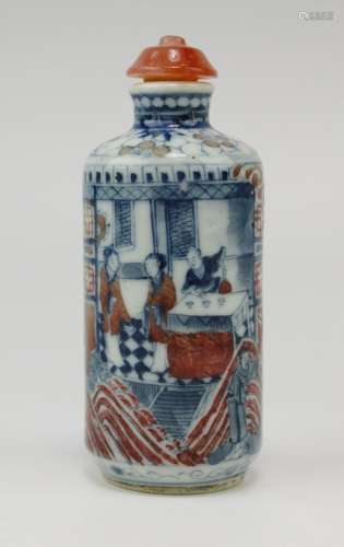 A blue and white snuff bottle with underglaze copper red