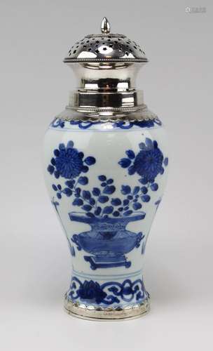 A blue and white sugar sifter with Dutch silver lid and moun...