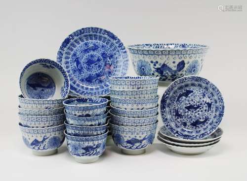 A group of blue and white 'crab and fish' pattern tea wares