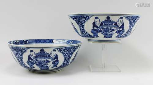 Two large blue and white bowls, boys with a vase and Liu Hai