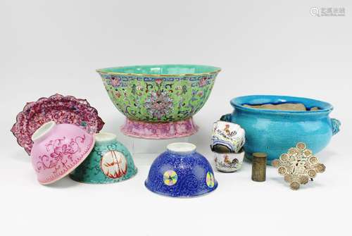 A group of colourful Chinese antiques including porcelain an...