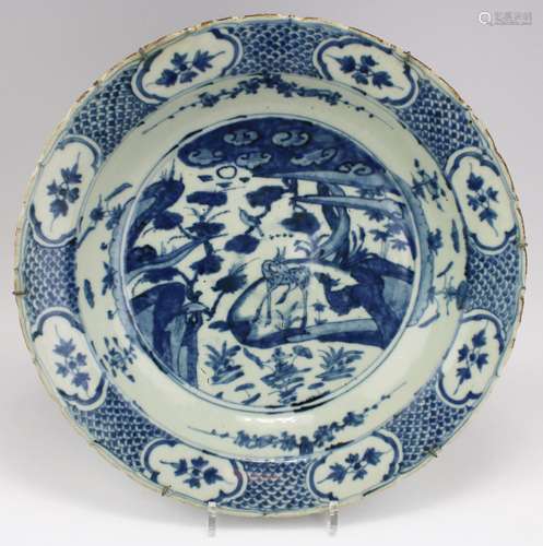 A large Swatow dish with blue and white decoration