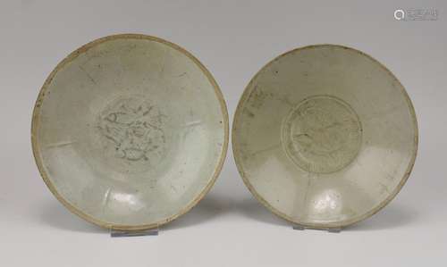 Two Song dynasty qingbai dishes with fish relief