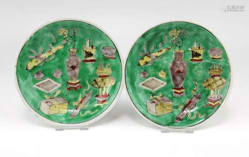 A pair of famille verte saucers