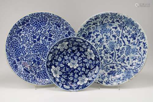 Three blue and white 'peony' dishes