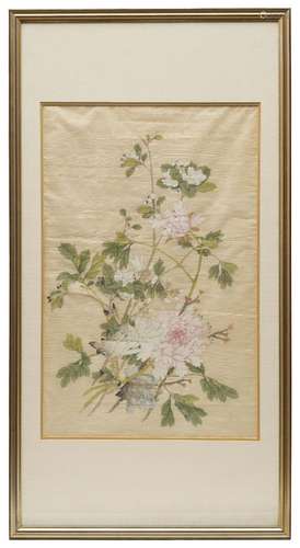 A Chinese watercolour of flowering peonies on silk