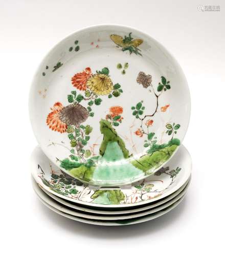 Five small famille verte floral plates