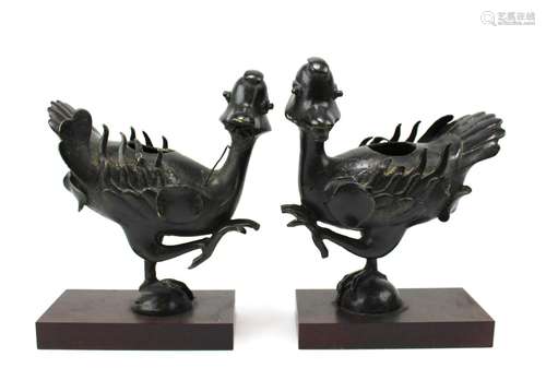 A pair of bronze mandarin duck censers