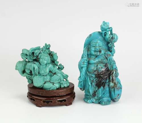 A turquoise carved hotei Buddha figure and a lady with a fan