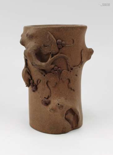 A Yixing brush pot in the form of a tree trunk