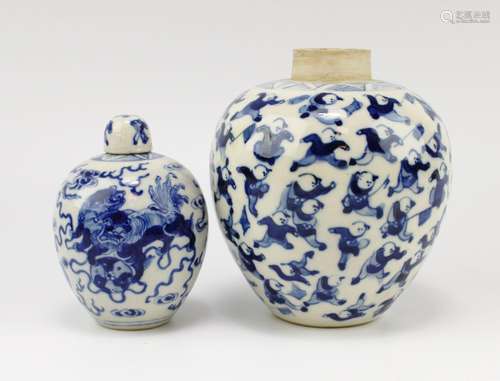 Two small blue and white soft paste porcelain jars