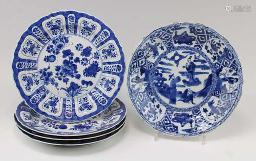 Five blue and white plates