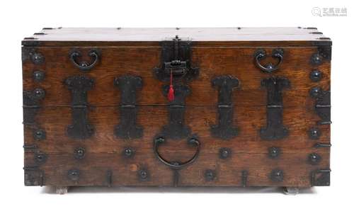 A large Korean wrought-iron and elm bandaji chest