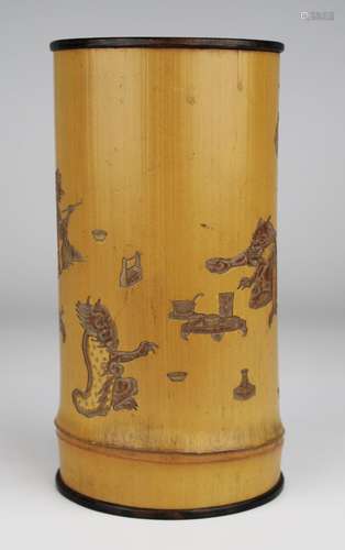 A Japanese very finely carved bamboo brushpot