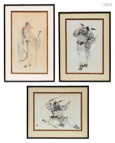 Three Japanese ink drawings on paper