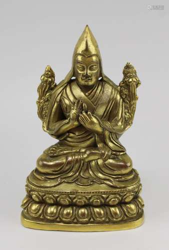 A copper alloy gilt image of Tsongkhapa