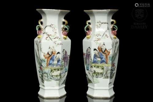 Two hexagonal vases with musicians, Qing dynasty