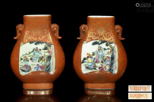 Two enameled vases with warriors, 20th century