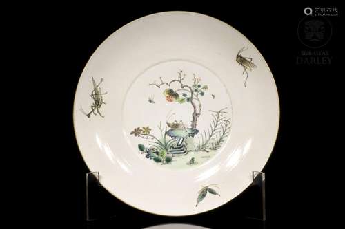 Dish with birds and branches, enameled porcelain, 20th centu...