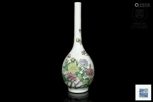 Vase with elongated neck and enameled flowers, 20th century