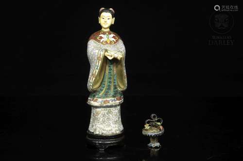 Figure of lady in metal and enamel, mid-20th century