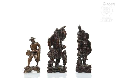 Three wooden sculptures " Sages ", 20th century