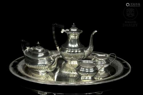 English tea set with tray, silver-plated metal, 20th century