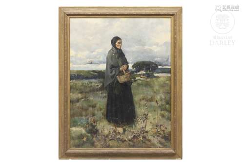 Spanish School. "Elderly woman with basket", 1892