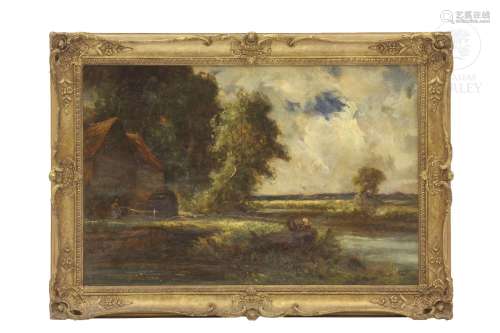 P. L Larran ( 19th century) "Landscape with river and m...