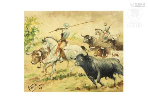 José Lopez Canito (1942) "Garrochistas y manada de toro...