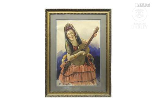 Julio García Gutiérrez (1882 - 1966) "Lady with guitar&...