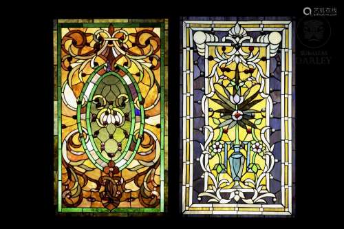 Two stained glass windows with frame, Victorian style, 20th ...