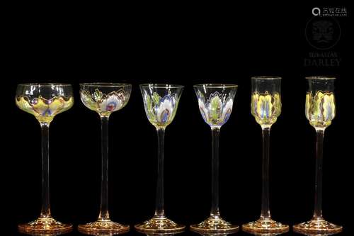 Small goblets in painted glass, early 20th century