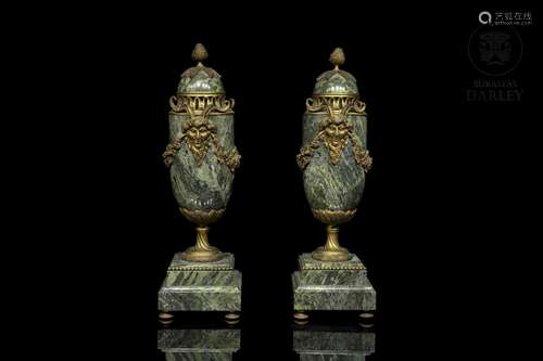 Pair of bronze and marble goblets, 19th century