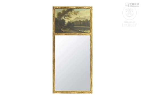 Large mirror with landscape and wooden frame, 20th century