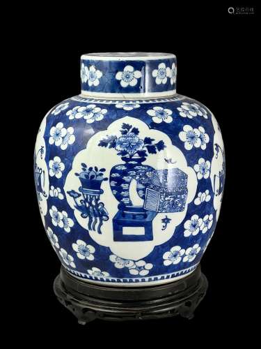 A blue and white 'Hundred antiques' ginger jar and cover, Gu...