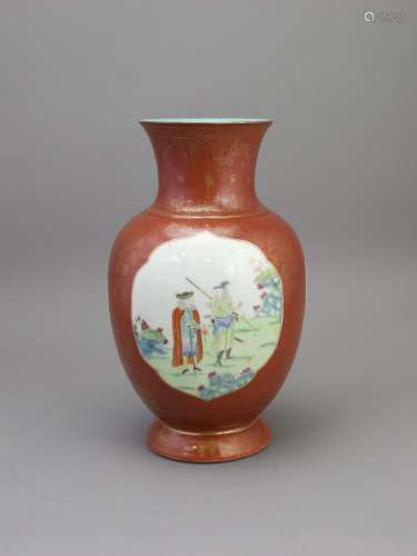 A Coral Ground 'Dutchmen' Vase,  Qianlong/Jiaqing