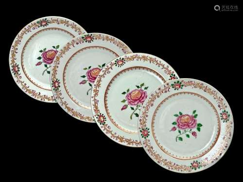 Four 'famille rose' 'Adams' Dinner Plates, Qianlong